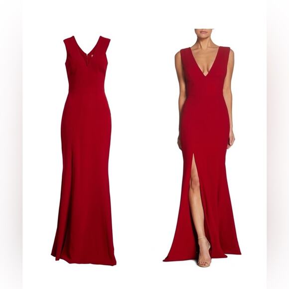 Dress The Population Sandra Plunging V-Neck Sleeveless Crepe Gown in Garnet M - Picture 5 of 12